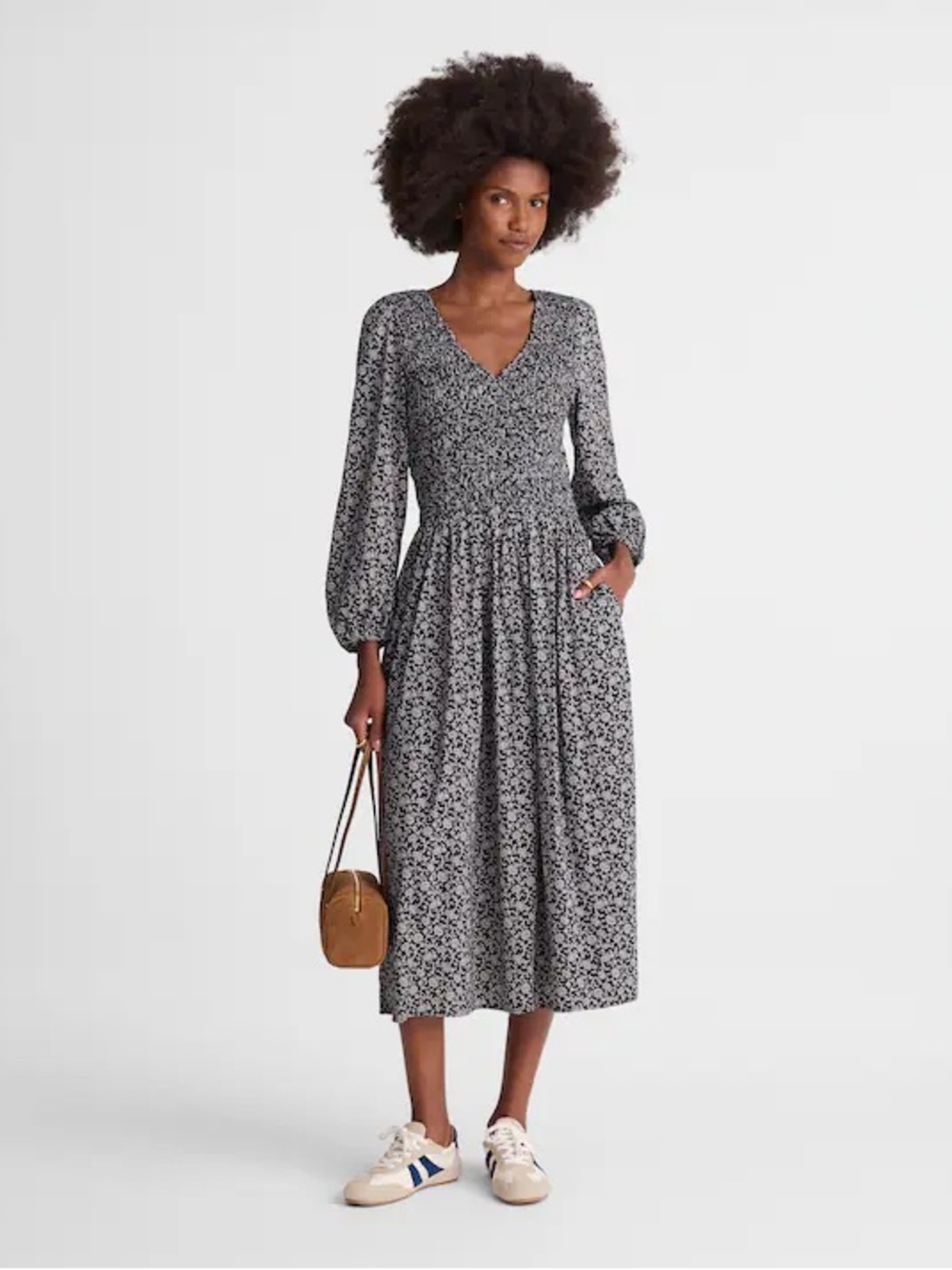 Madewell Smocked V-Neck Midi Dress floral classic navy NZ372 Size S NWT
